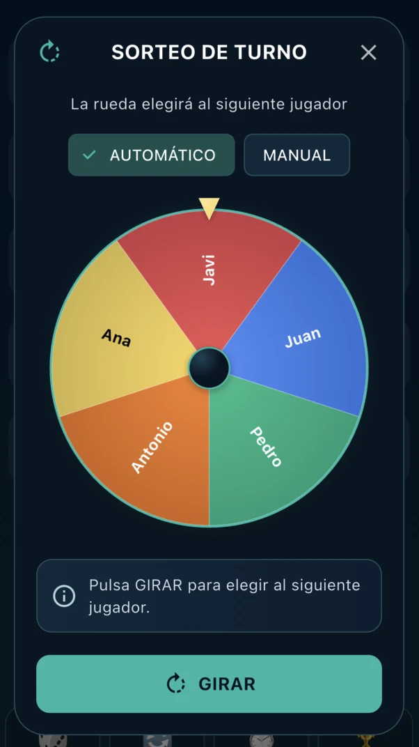 Roulette actuelle de TOCKA avec cinq joueurs, sélecteur AUTOMÁTICO/MANUAL et bouton GIRAR